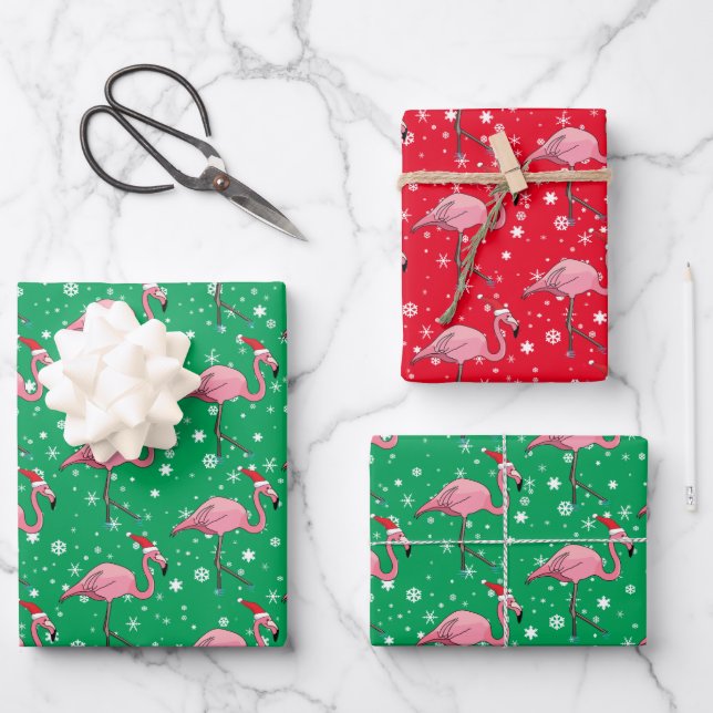 Flamingoes in  Santa Hats Christmas Wrapping Paper Sheets (Front)