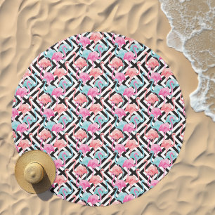 Flamingoes on Bold Design Pattern Beach Towel