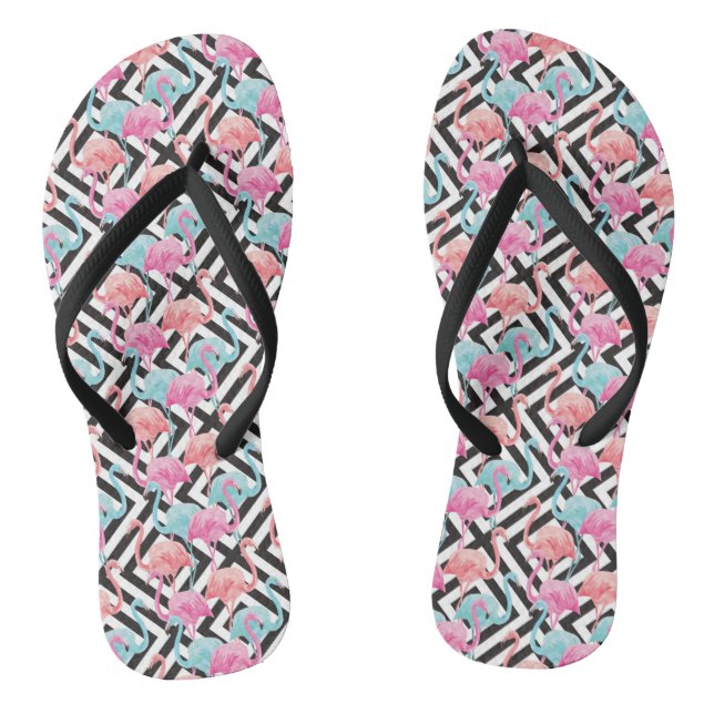 Flamingoes on Bold Design Pattern Flip Flops (Footbed)