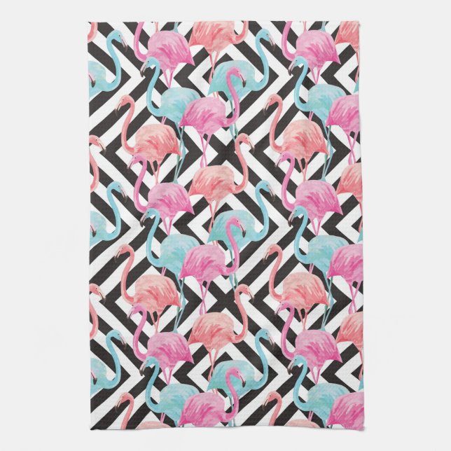 Flamingoes on Bold Design Pattern Kitchen Towel (Vertical)