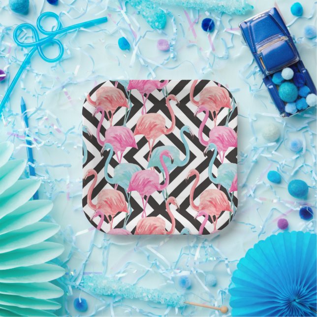 Flamingoes on Bold Design Pattern Paper Plates (Party)