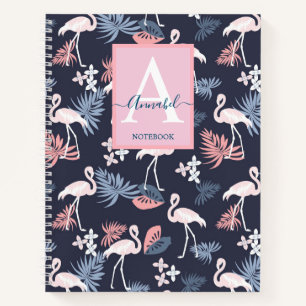 Flamingoes tropical leaves patterned Monogrammed   Notebook
