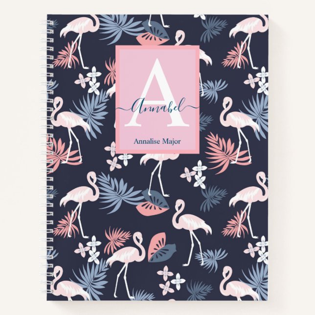 Flamingoes tropical leaves patterned Monogrammed  Notebook (Front)