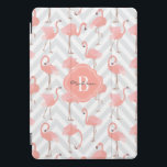 Flamingos and Chevrons Pattern with Monogram iPad Pro Cover<br><div class="desc">Cheerful and whimsical,  this trendy design is covered in a pattern of pink flamingos over a light gray-beige and white chevron zig-zag stripes pattern. A matching decorative frame contains your desired monogram and name.</div>