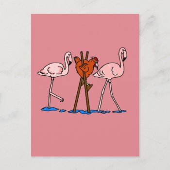 Flamingos And Chicken With Pink Background Postcard by PugWiggles at Zazzle