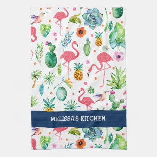Flamingos And Colorful Tropical Pattern Kitchen Towel