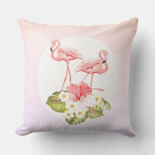 Flamingos and Flowers Tropical Outdoor Pillow (Front)