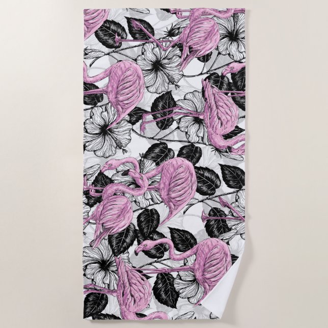 Flamingos and hibiscus flowers beach towel (Front)