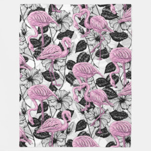 Flamingos and hibiscus flowers fleece blanket