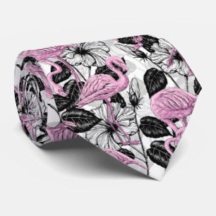 Flamingos and hibiscus flowers neck tie