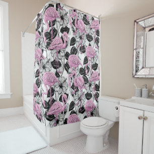 Flamingos and hibiscus flowers shower curtain
