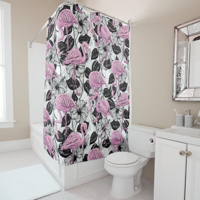 Flamingos and hibiscus flowers shower curtain (In Situ)
