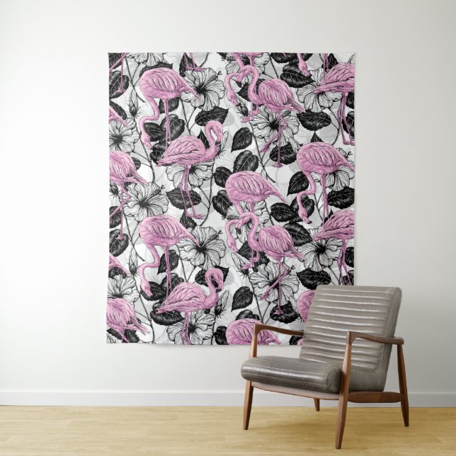 Flamingos and hibiscus flowers tapestry (In Situ)