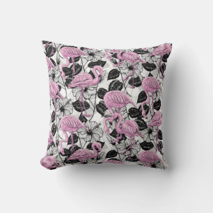 Flamingos and hibiscus flowers throw pillow
