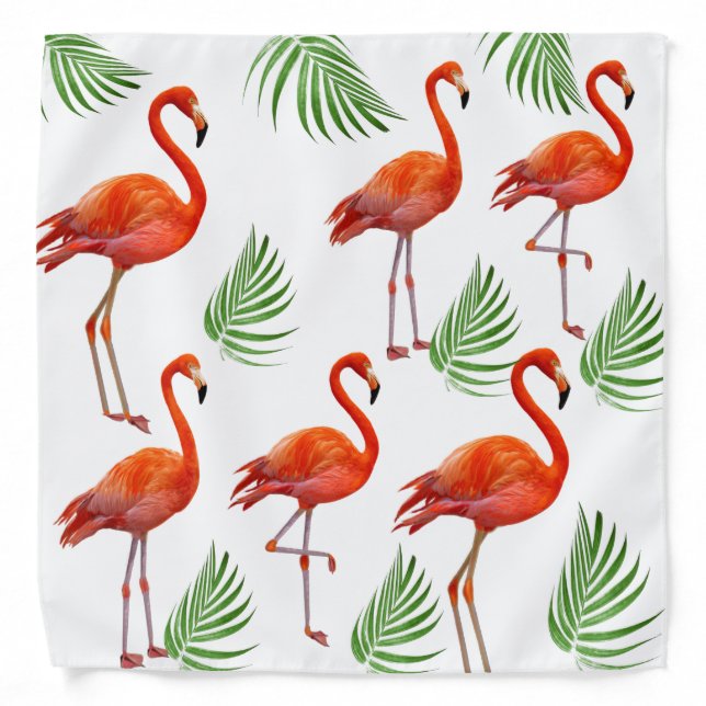 Flamingos and Palm Leaves on White Bandana (Front)