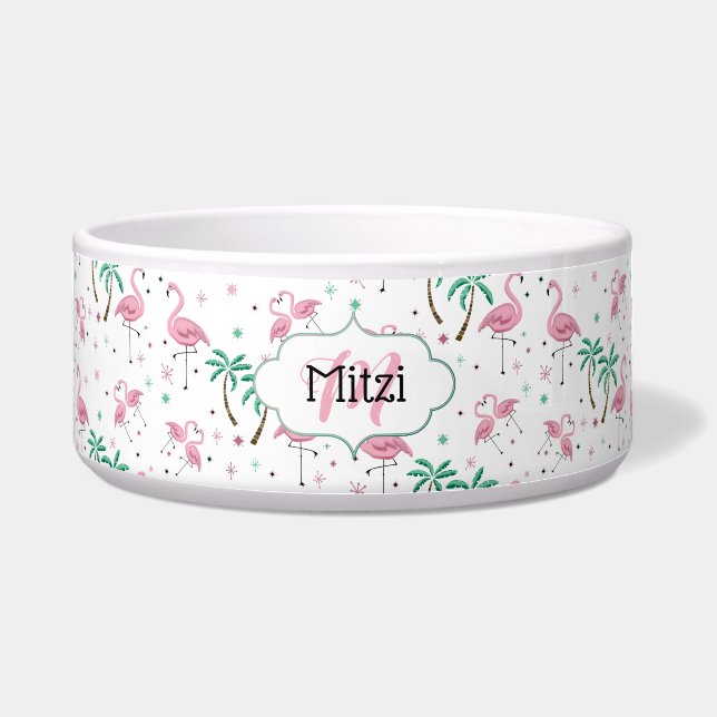 Flamingos and Palm Trees Atomic Style Monogram Bowl (Front)