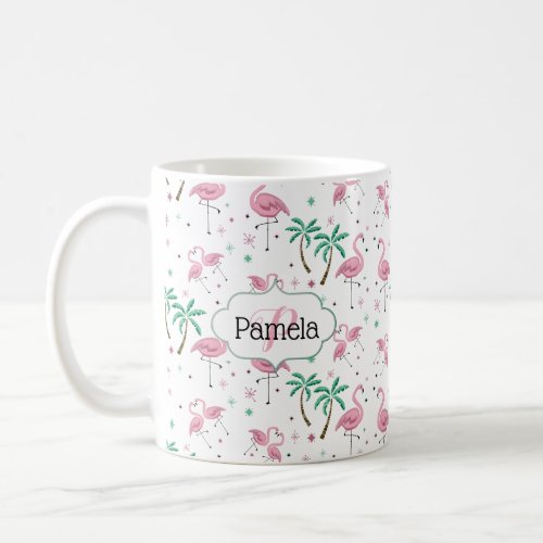 Flamingos and Palm Trees Atomic Style Monogram Coffee Mug
