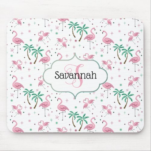 Flamingos and Palm Trees Atomic Style Monogram Mouse Pad