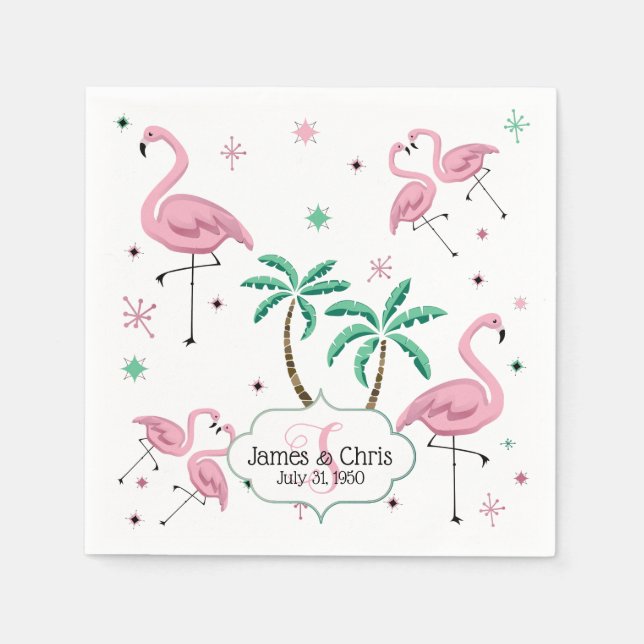 Flamingos and Palm Trees Atomic Style Monogram Napkins (Front)