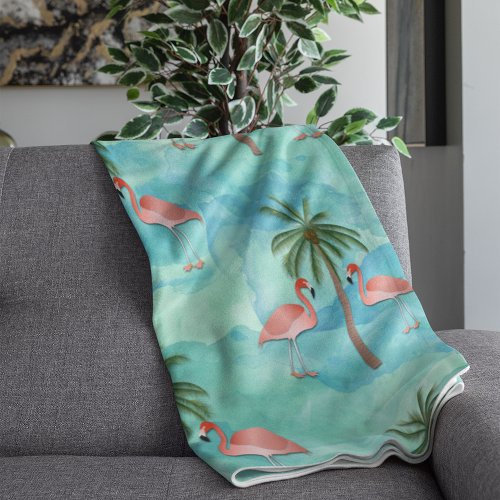 Flamingos And Palm Trees On Ocean Watercolor Fleece Blanket
