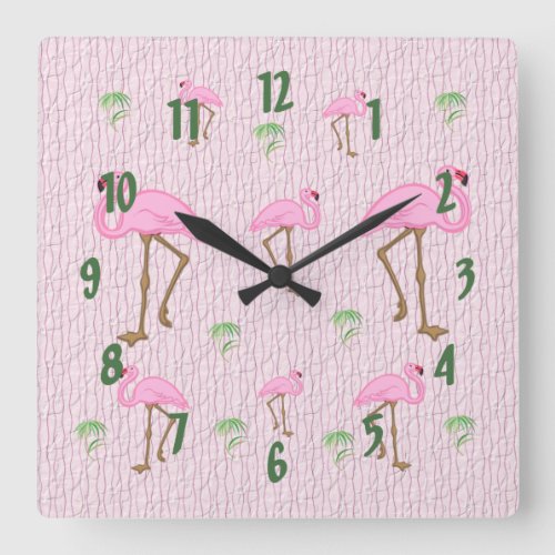 Flamingos and Palm Trees Square Wall Clock