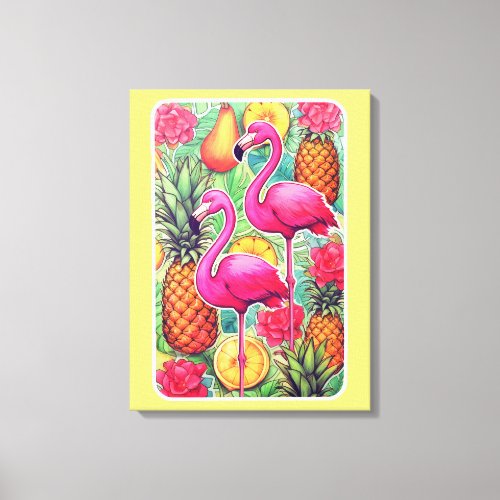 Flamingos and pineapples _ Summer tropical card Canvas Print