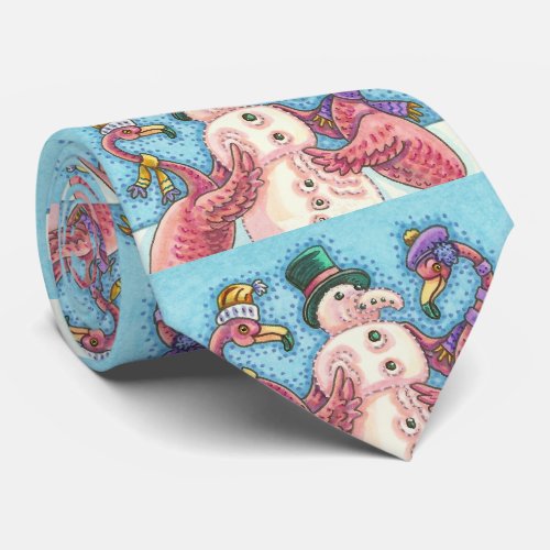 FLAMINGOS AND PINK SNOWMAN CHRISTMAS HOLIDAY TIE