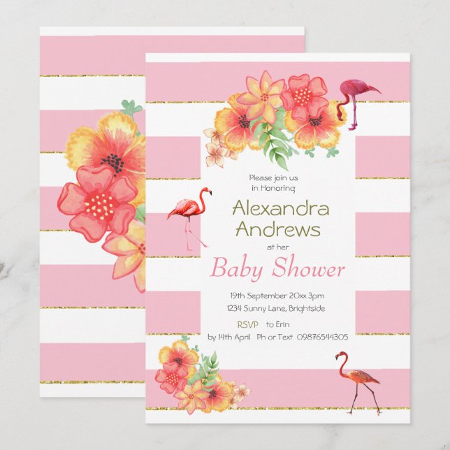 Flamingos and  Pink Stripe Baby Shower Invitation (Front/Back)