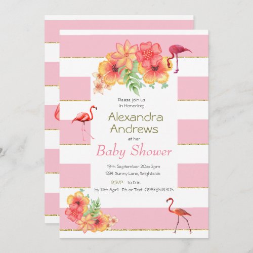 Flamingos and  Pink Stripe Baby Shower Invitation
