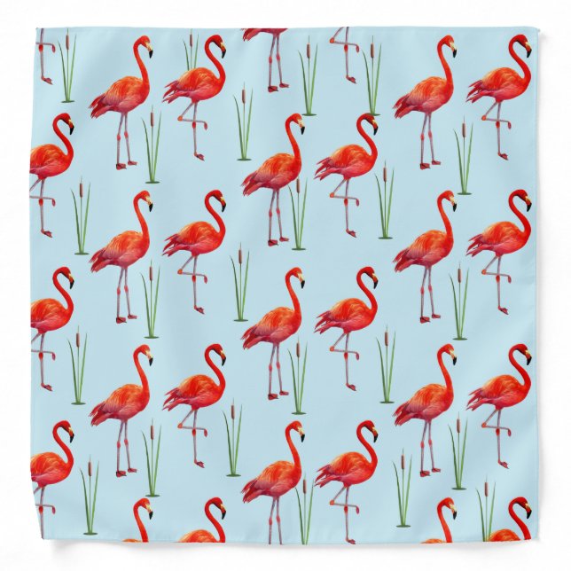 Flamingos and Reed Grass on Light Blue Bandana (Front)