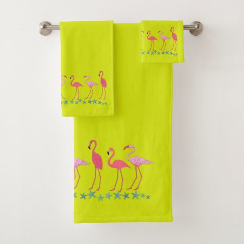 Flamingos and Sea Stars Bright Chartreuse Bath Towel Set