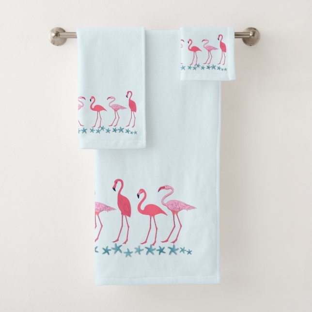 Flamingos and Sea Stars Pale Blue Bath Towel Set (Insitu)