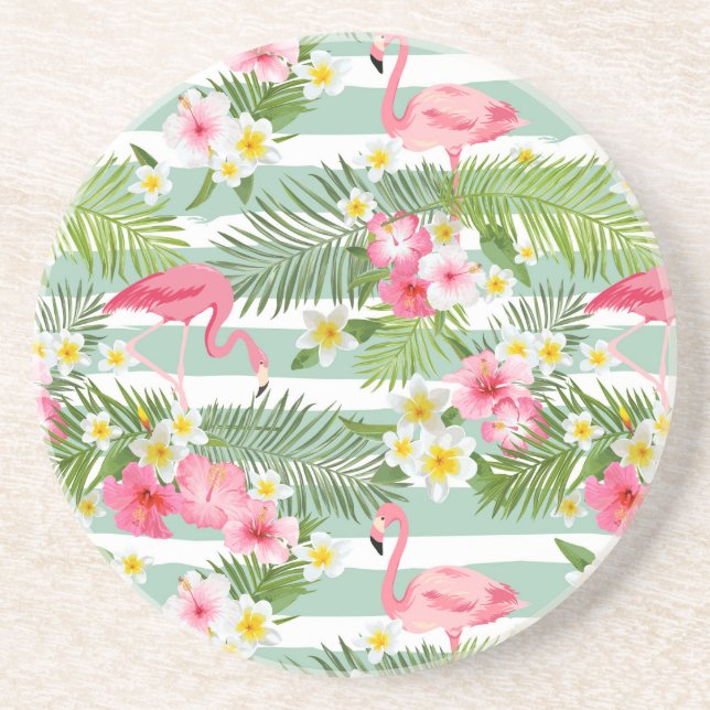 Flamingos And Stripes Drink Coaster (Front)