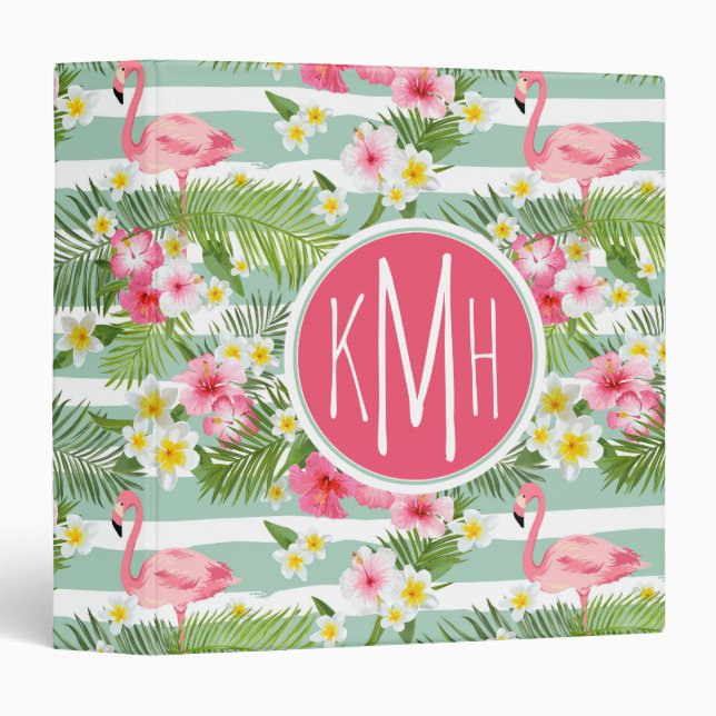 Flamingos And Stripes | Monogram 3 Ring Binder (Front/Spine)