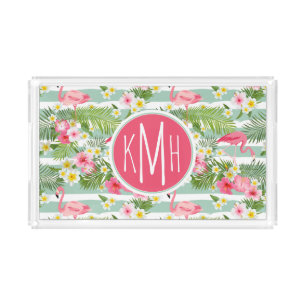 Flamingos And Stripes   Monogram Acrylic Tray
