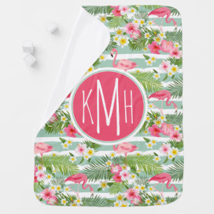 Flamingos And Stripes Monogram Baby Blanket
