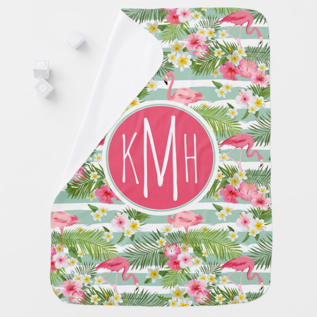 Flamingos And Stripes | Monogram Baby Blanket (In Situ)