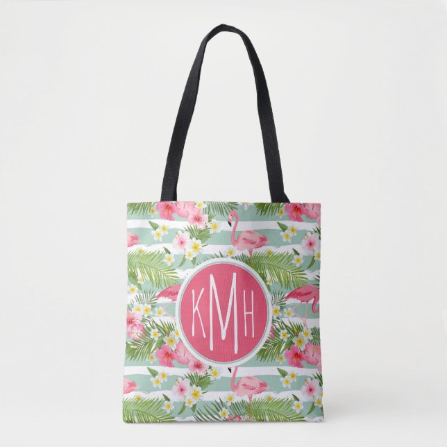 Flamingos And Stripes | Monogram Tote Bag (Front)