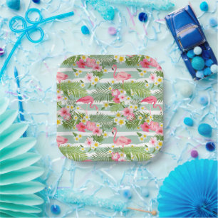 Flamingos And Stripes Paper Plates