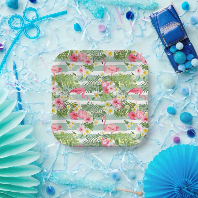 Flamingos And Stripes Paper Plates (Party)