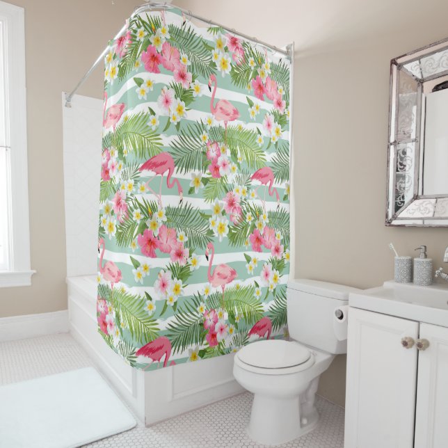 Flamingos And Stripes Shower Curtain (In Situ)