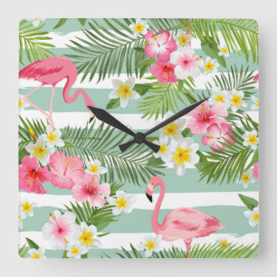 Flamingos And Stripes Square Wall Clock