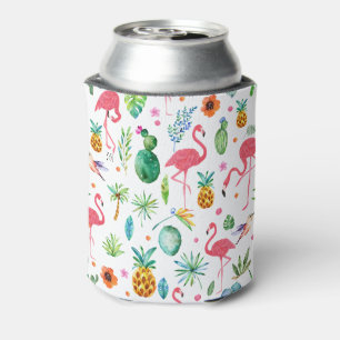 Flamingos and tropical flowers and leaves pattern can cooler