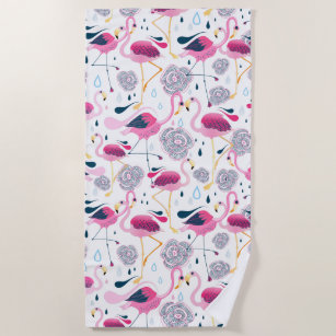 Flamingos and tropical flowers pattern beach towel