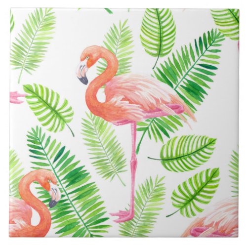 Flamingos and tropical leaves ceramic tile