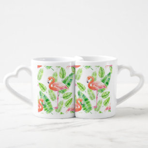 Flamingos and tropical leaves coffee mug set