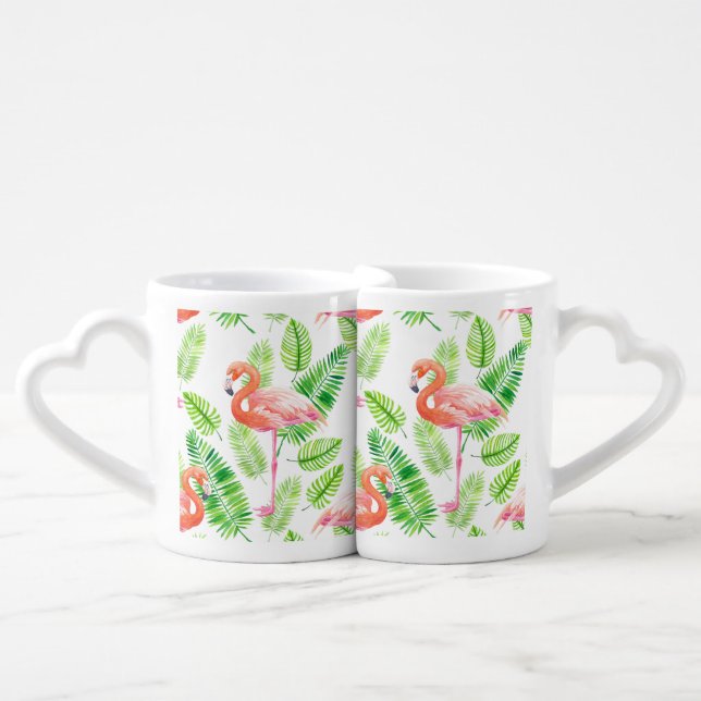 Flamingos and tropical leaves coffee mug set (Front Nesting)
