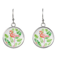 Flamingos And Tropical Leaves Earrings at Zazzle