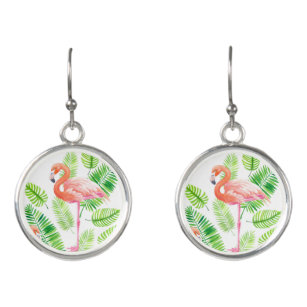 Flamingos and tropical leaves earrings