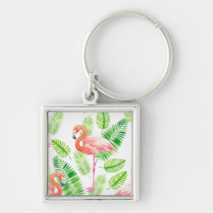 Flamingos and tropical leaves keychain
